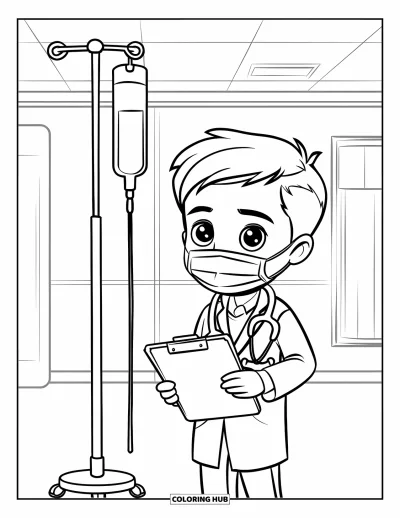 Coloriage d'hôpital pour enfants : Un jeune garçon médecin se tient fièrement à côté d'un grand pied à perfusion