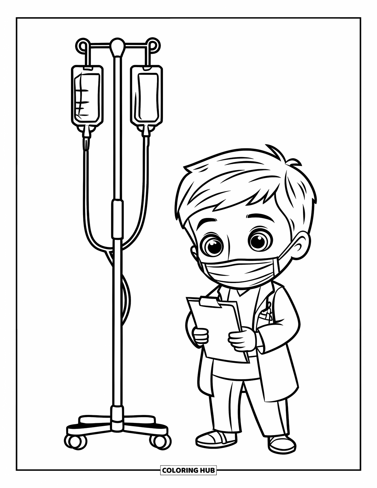 Hospital Coloring Page for Kids: A young doctor with a face mask stands ready beside an IV stand