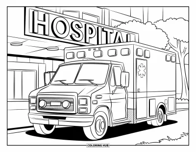 Coloriage d'hôpital pour enfants : Une ambulance et un bâtiment hospitalier se dressent sous un ciel dégagé