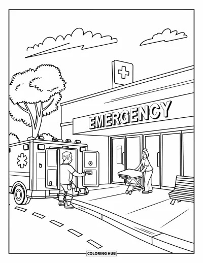 Coloriage d'hôpital pour enfants : Une ambulance se gare aux portes des urgences où une infirmière attend avec un brancard