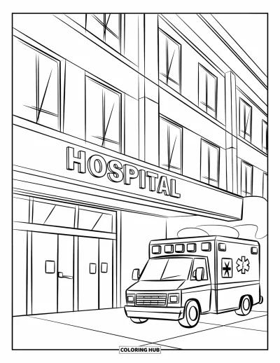 Coloriage d'hôpital pour enfants : Une ambulance arrive à l'hôpital où le personnel médical attend