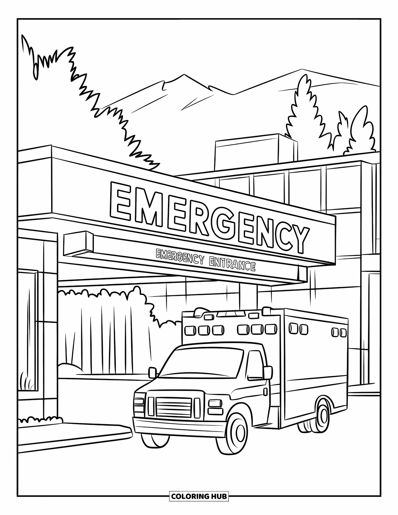 Hospital Coloring Page for Kids: An ambulance stops at the emergency entrance of a busy hospital