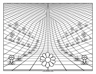 Fargeleggingsark med illusjon for voksne: Et rutet felt dukker ned i midten med blomster og sopp langs veien