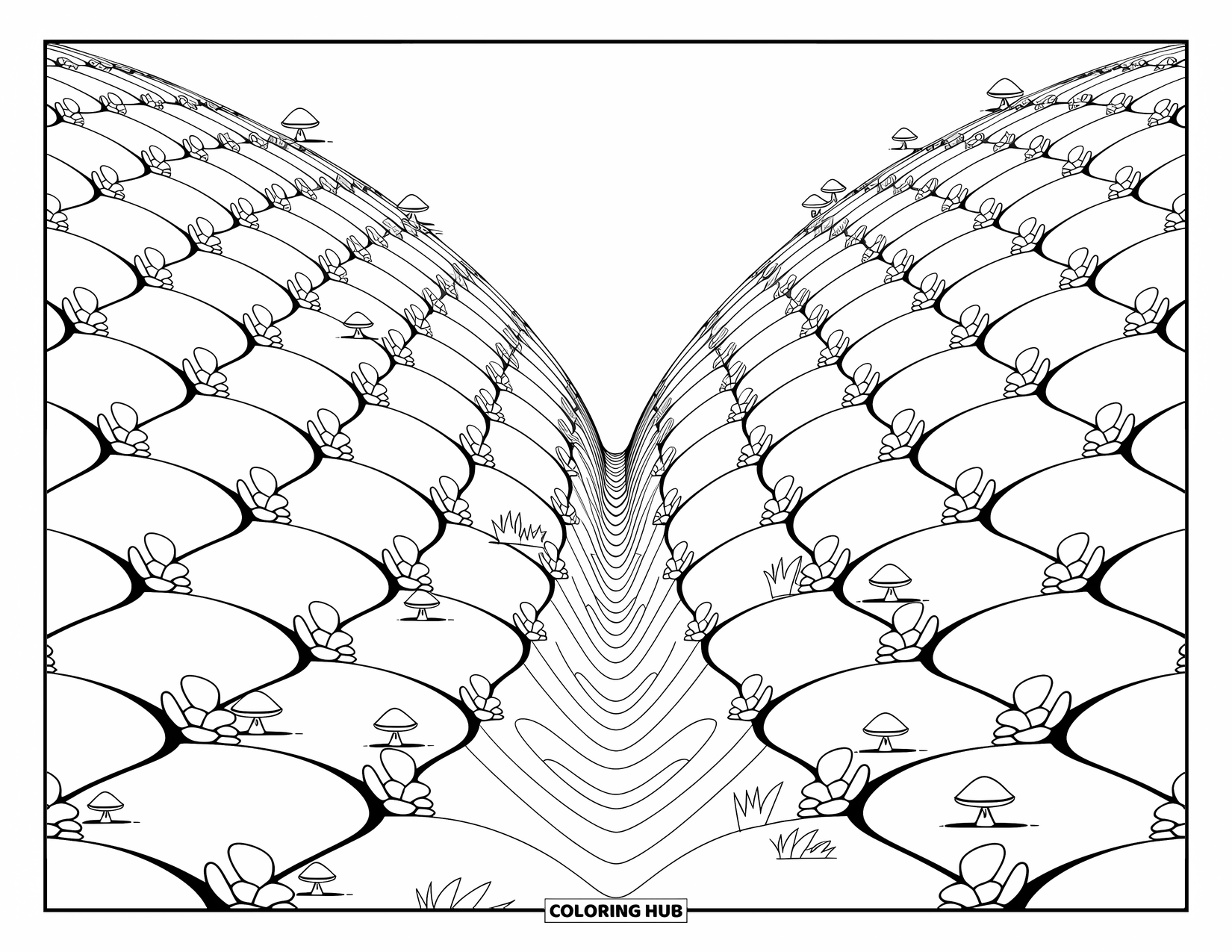 Illusion Coloring Page for Adults: A rippling garden field of flowers and mushrooms curves into a soft, sunken valley