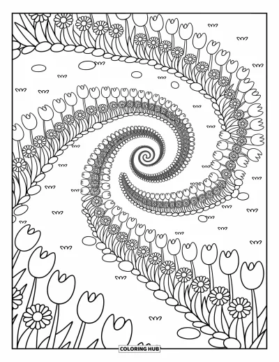 Fargeleggingsark med illusjon for voksne: En spiralhage med blomster og småstein danser med skjulte hjerteformede kronblad