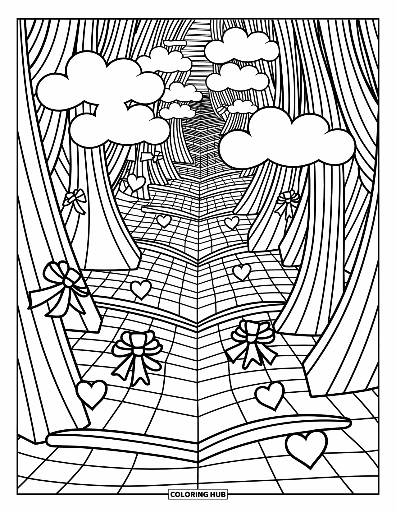 Illusion Coloring Page for Adults: Candy-cane trees and twisty stairs lead through a floating, whimsical world