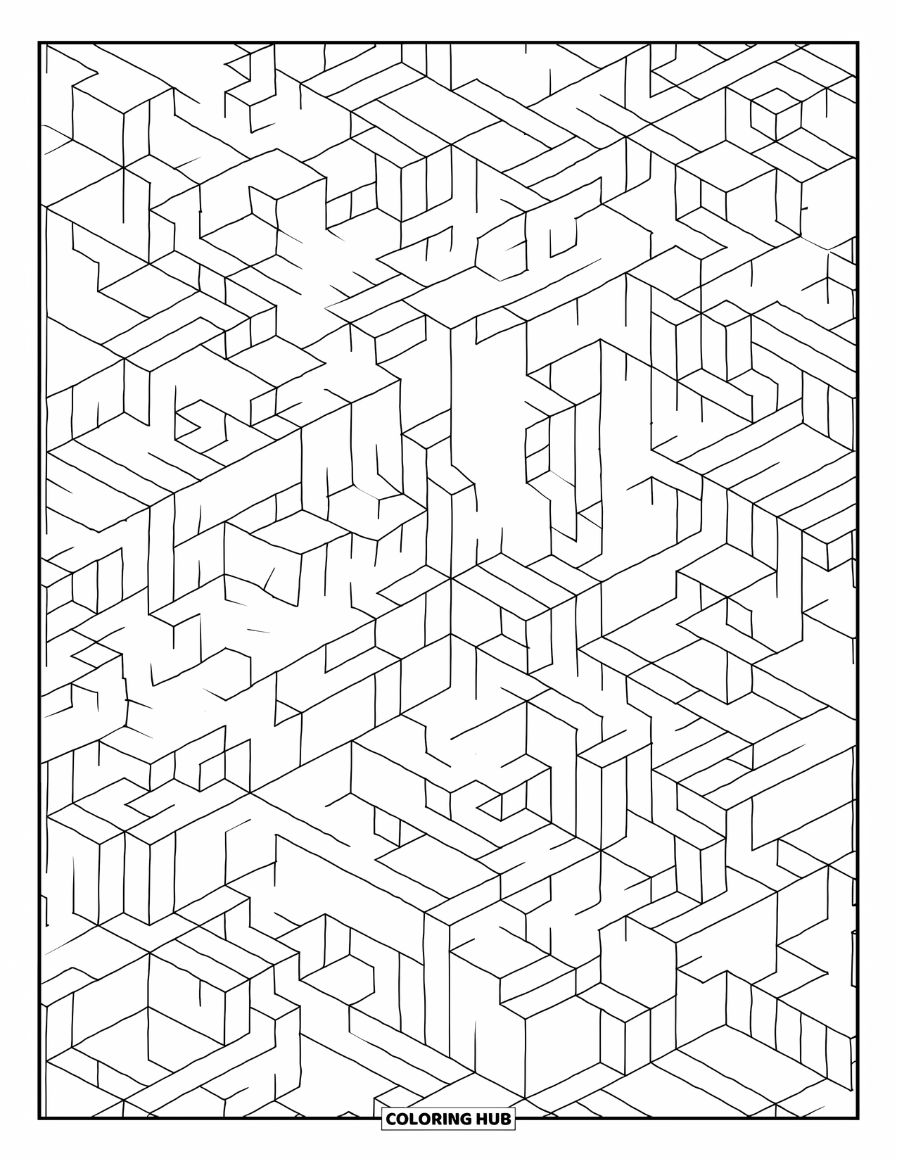 Illusion Coloring Page for Adults: Cubes rise and fall in a grid full of tricky shadows