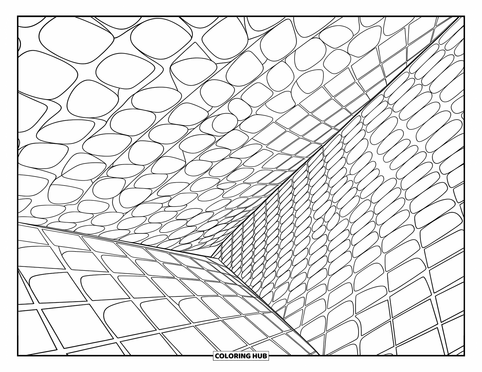 Illusion Coloring Page for Adults: Ellipses ripple across a tilted grid, tricking your eyes with motion