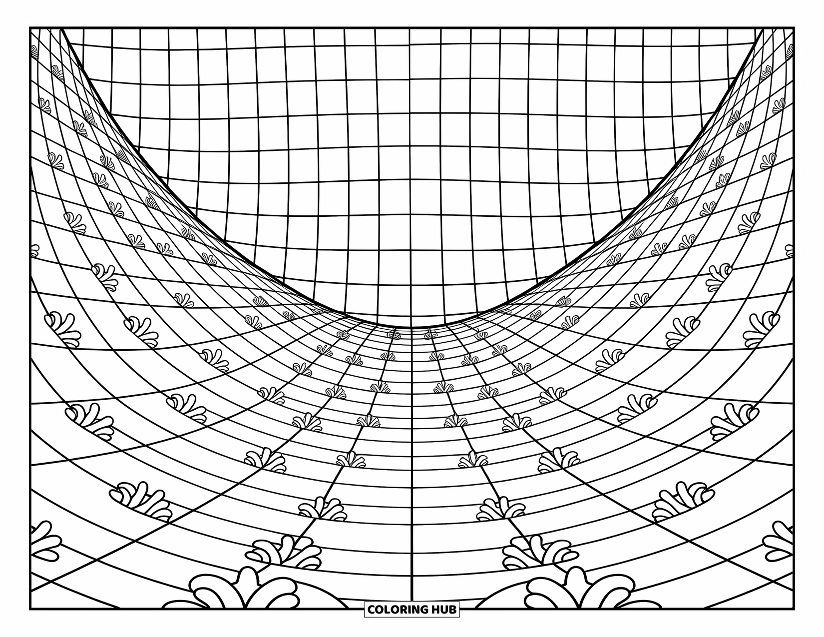Illusion Coloring Page for Adults: Flower paths and tiny mushrooms dot a wavy checkered field