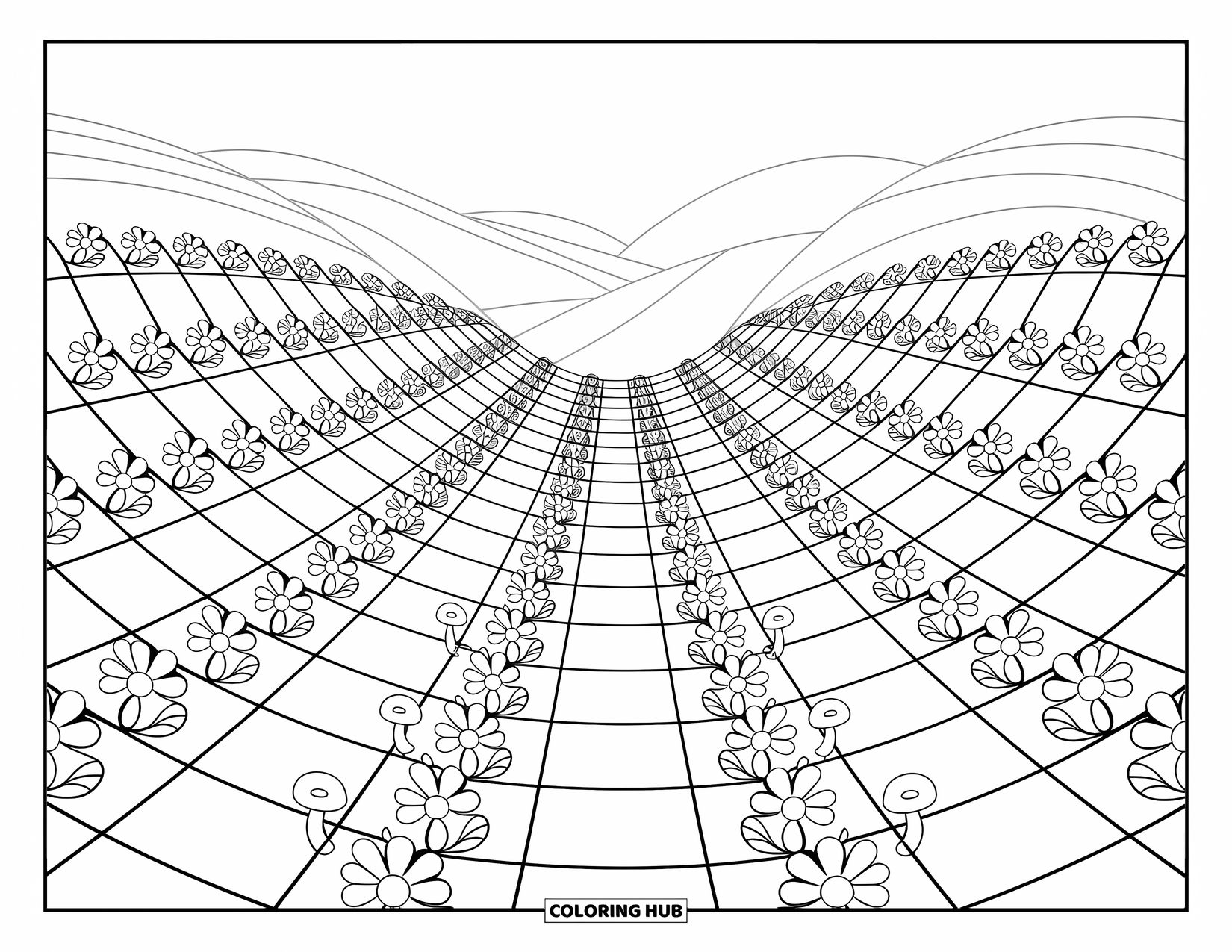 Illusion Coloring Page for Adults: Flowers and mushrooms bloom on a checkered hill that gently dips inward