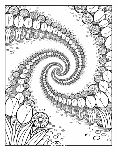 Fargeleggingsark med illusjon for voksne: Blomster spiralerer utover i en hage som ser ut til å dreie seg forsiktig