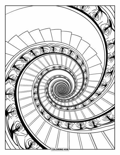 Fargeleggingsark med illusjon for voksne: Spiraltrapper vrir seg innover sett ovenfra og danner en dyp, svimmel sti