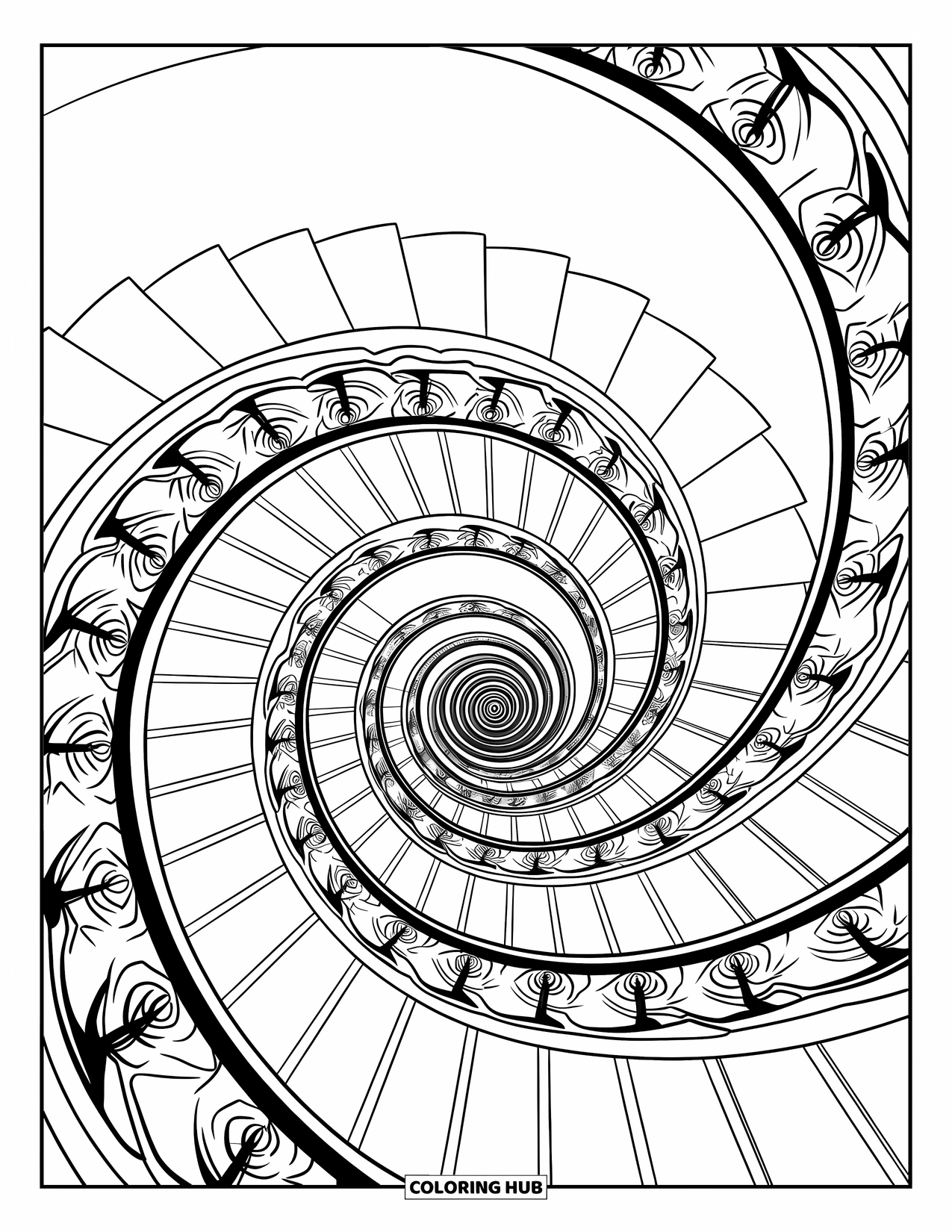 Illusion Coloring Page for Adults: Spiral stairs twist inward from above, forming a deep, dizzying path