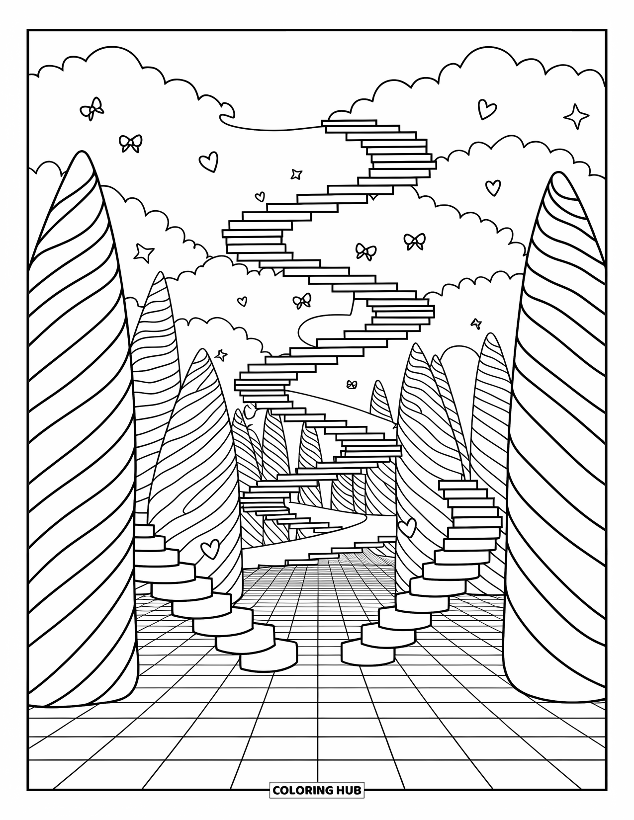 Illusion Coloring Page for Adults: Staircases bend through clouds and trees, filled with hearts and stars