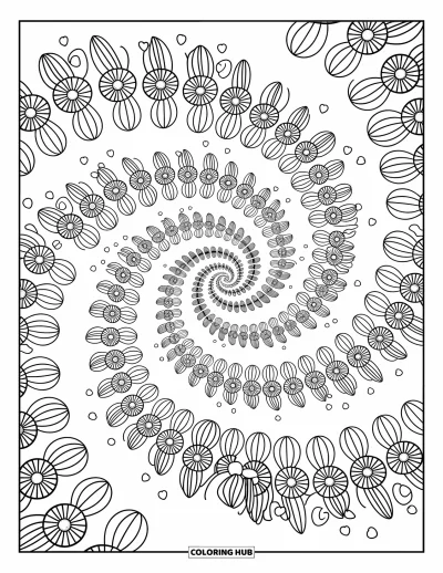 Fargeleggingsark med illusjon for voksne: Tulipaner og tusenfryd spinner utover på en svingende hagerti