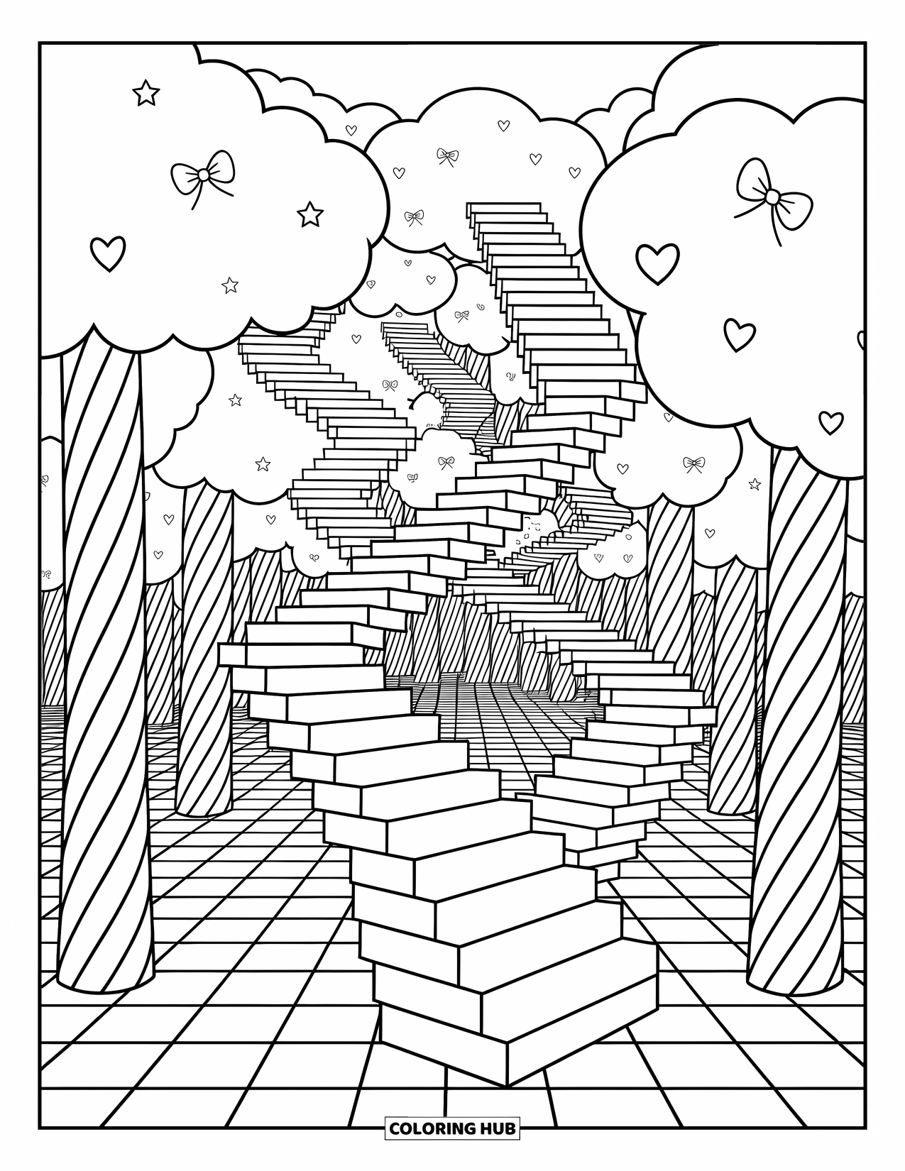 Illusion Coloring Page for Adults: Winding stairs twist through candy-striped trees and dreamy clouds
