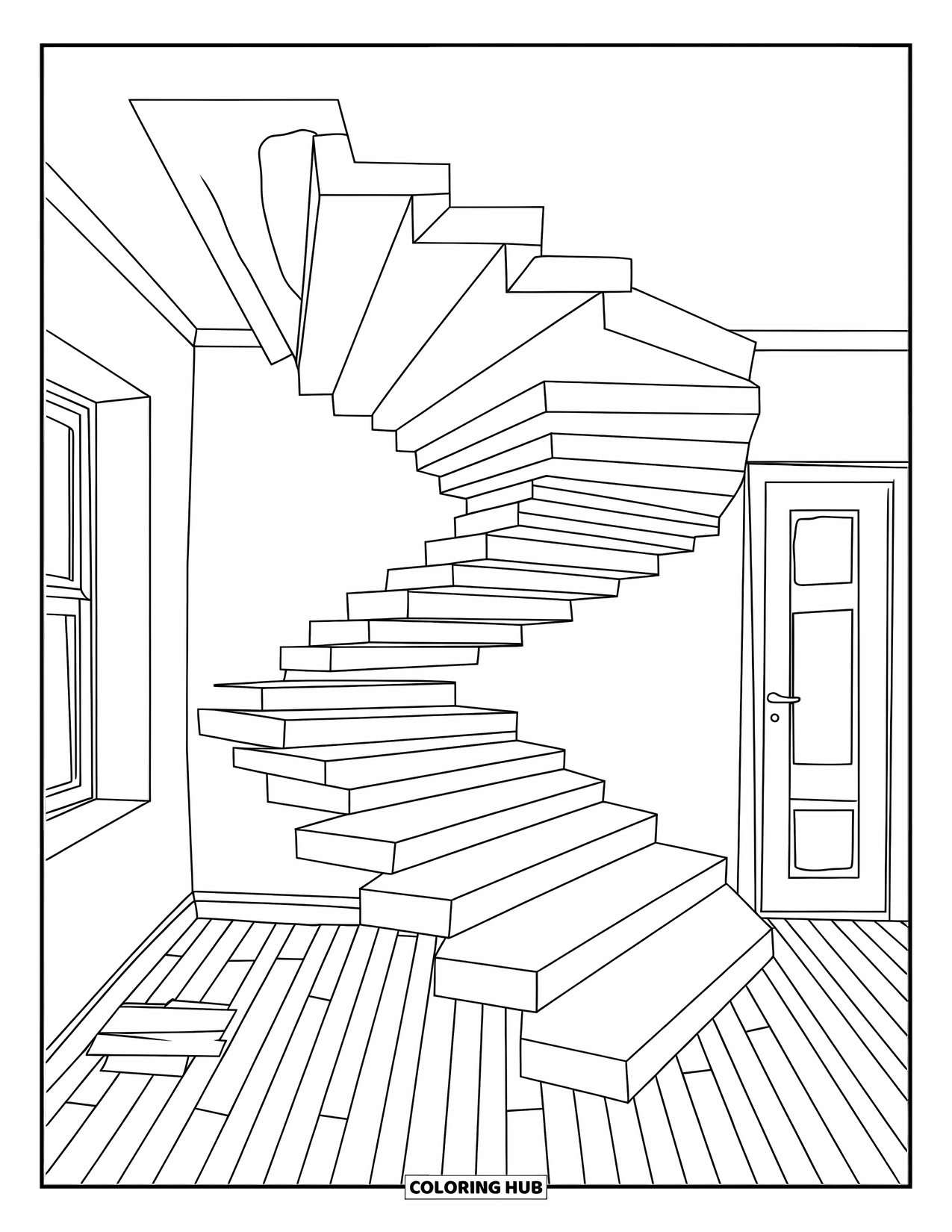 Illusion Coloring Page for Kids: A staircase folds forever inside a puzzling room