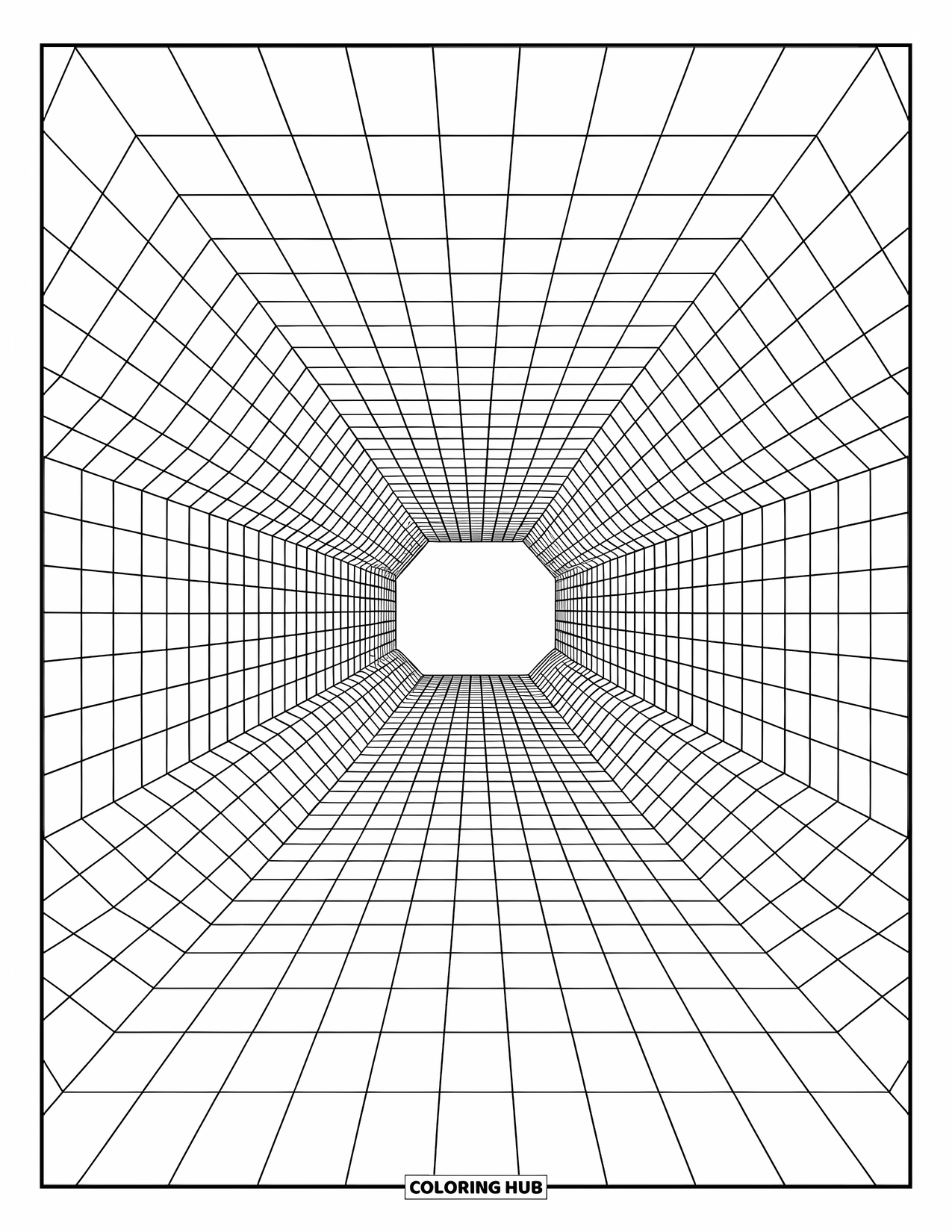 Illusion Coloring Page for Kids: Checkerboard tunnel stretches deep with shrinking black and white squares