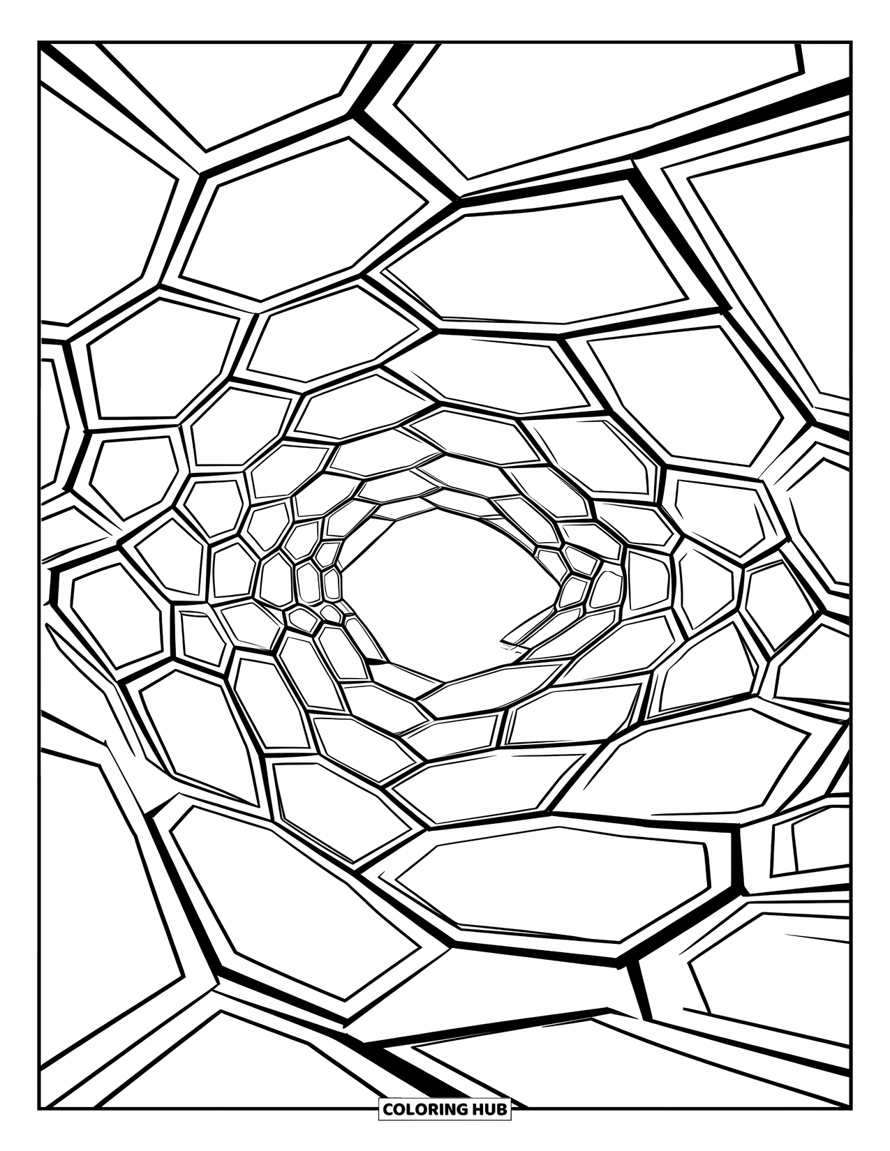 Illusion Coloring Page for Kids: Honeycomb shapes warp into a playful, wavy wall