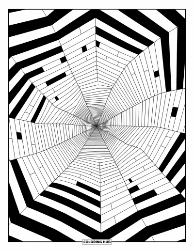 Fargeleggingsark med illusjon for barn: Linjer skyter ut fra midten og danner en svimmel spiral