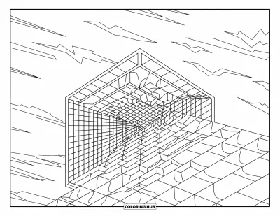 Fargeleggingsark med illusjon for barn: Morfende mønstre buler og bøyer seg over et tessellert rutenett