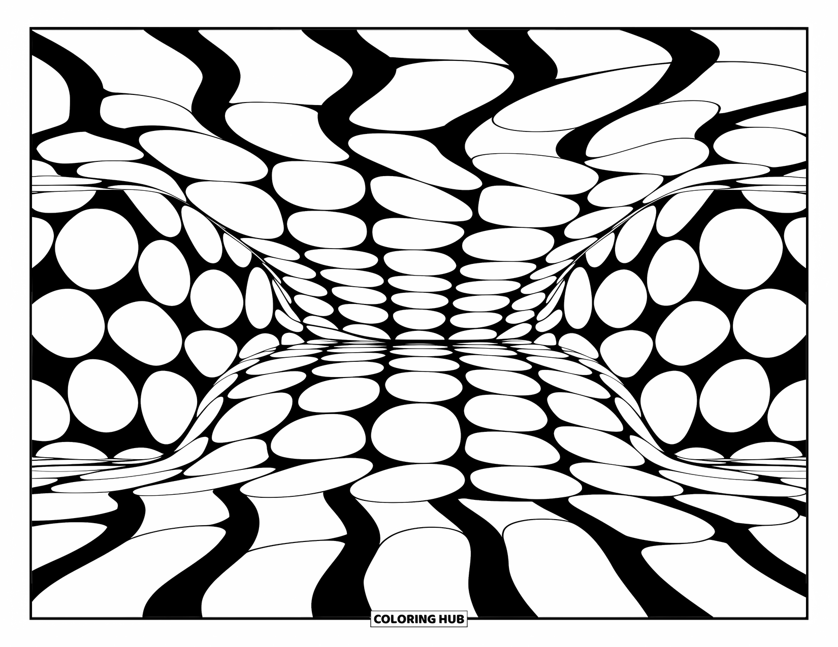 Illusion Coloring Page for Kids: Ovals and circles bend to create a watery illusion