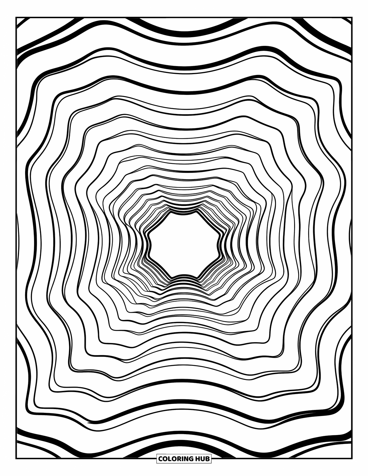 Illusion Coloring Page for Kids: Rings shrink into a tunnel that seems to stretch forever