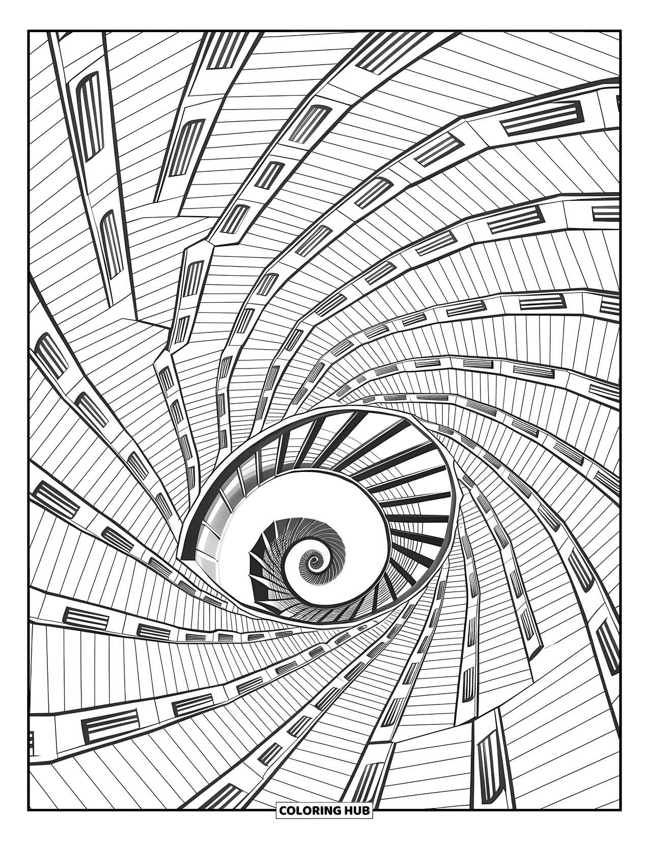 Illusion Coloring Page for Kids: Shapes spiral into a never-ending staircase illusion