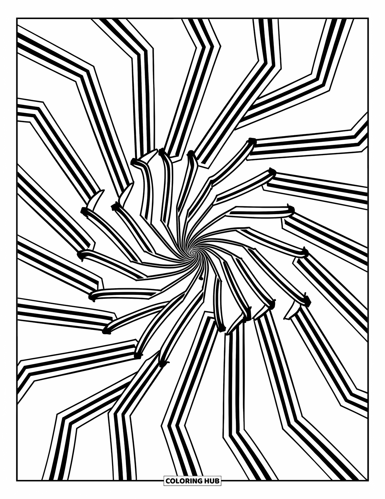Illusion Coloring Page for Kids: Sunburst lines fan out in a dizzy optical swirl
