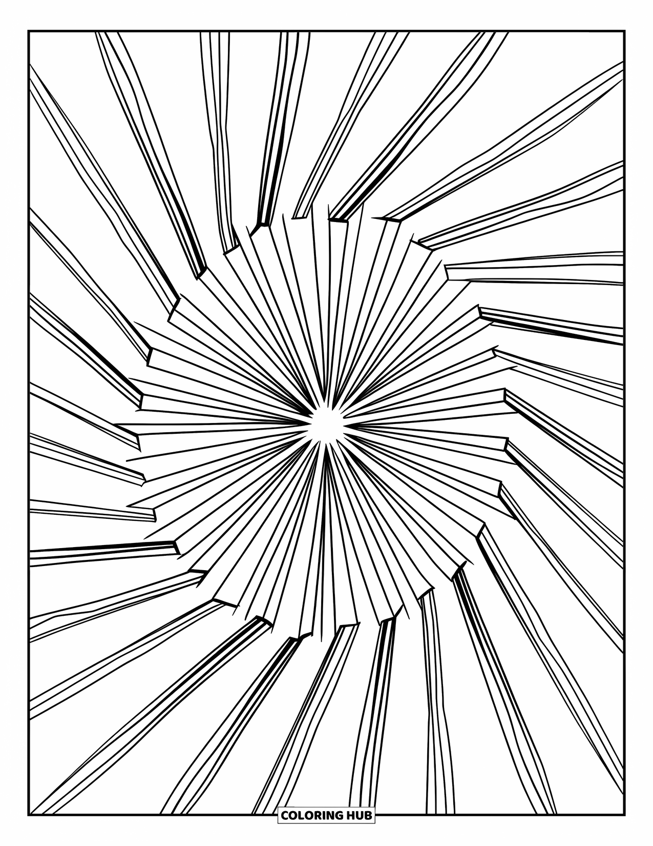 Illusion Coloring Page for Kids: Thin and thick lines radiate in a spiraling burst