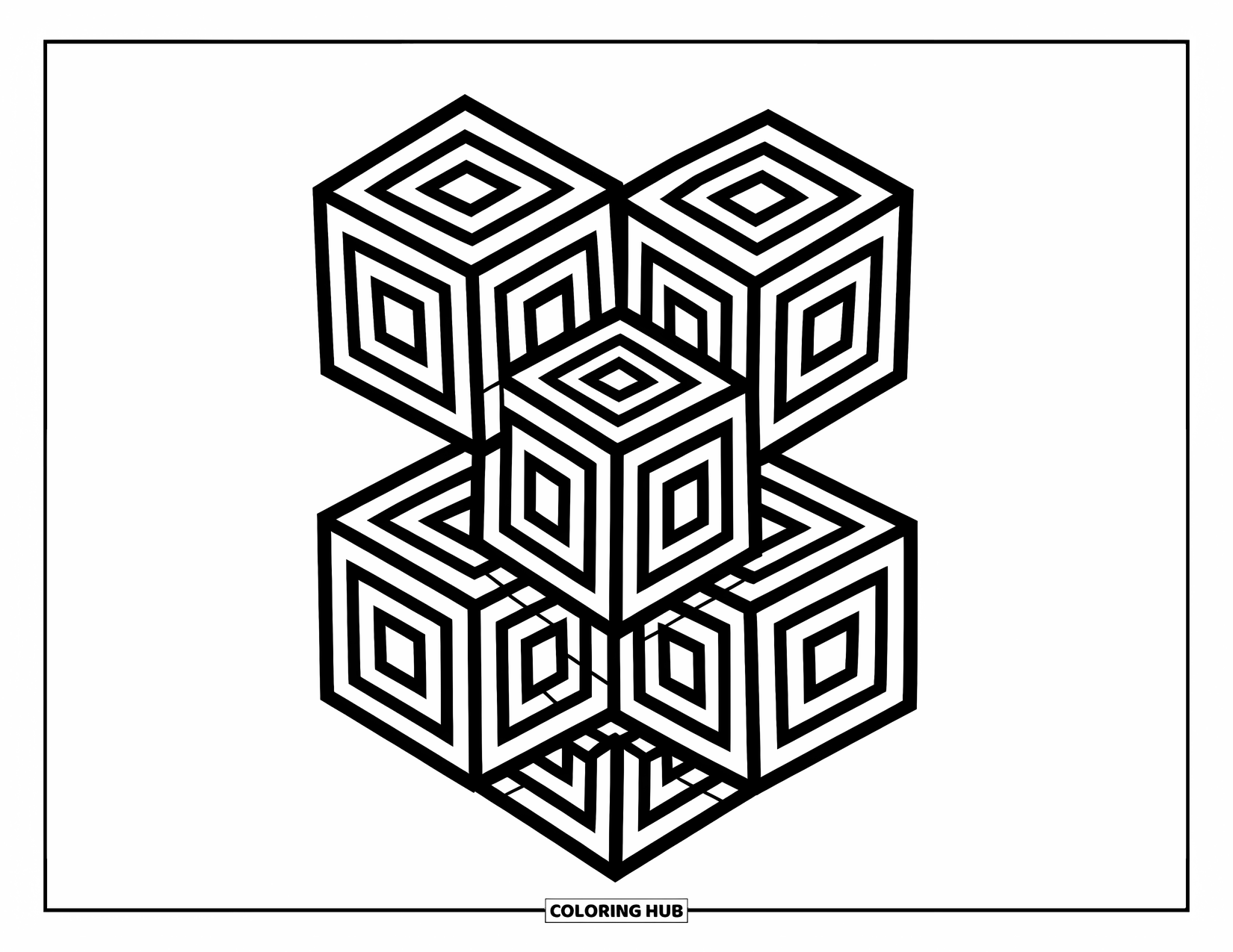 Illusion Coloring Page for Kids: Three stacked cubes form a visual trick with wobbly colors