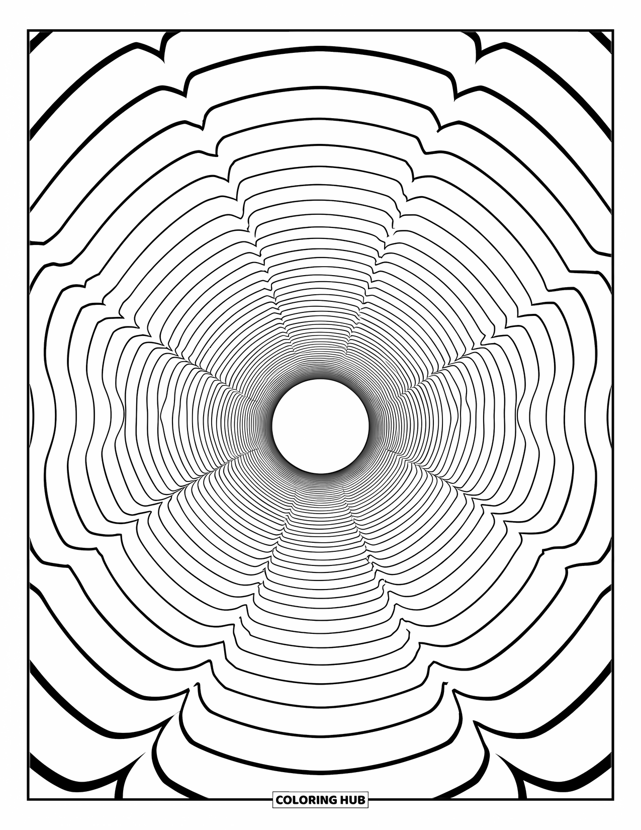 Illusion Coloring Page for Kids: Tunnel rings pull your eyes toward the endless middle