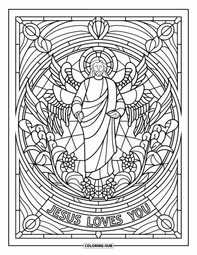 Dibujo de "Jesús te ama" para colorear para adultos: Un círculo de vitral enmarca a Jesús, ángeles y las palabras "Jesus Loves You"