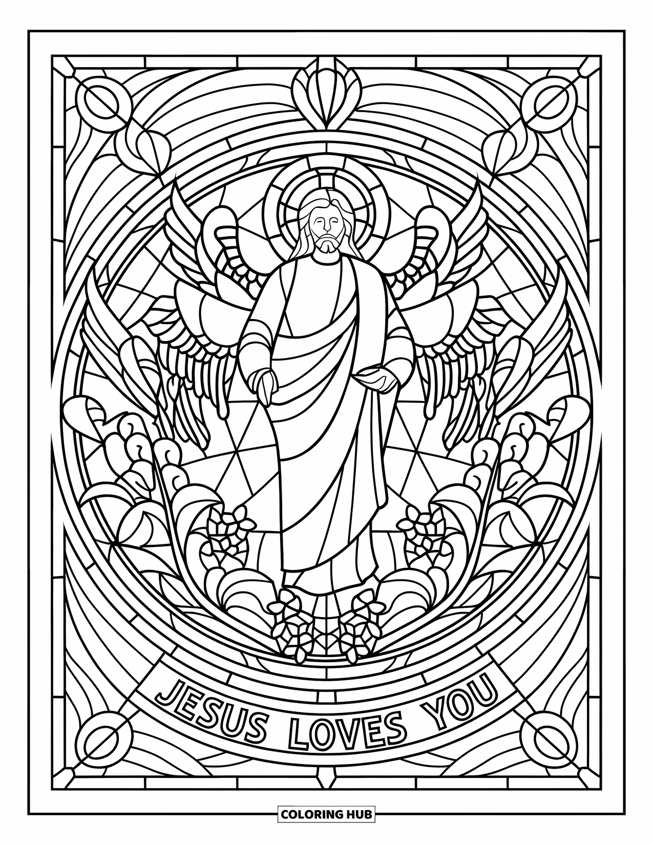 Jesus Loves You Coloring Page for Adults: A circle of stained glass frames Jesus, angels, and the words "Jesus Loves You"