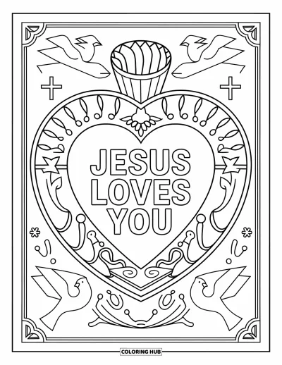 Dibujo de "Jesús te ama" para colorear para adultos: Un corazón coronado con cruces y palomas que lleva el mensaje "Jesus Loves You"