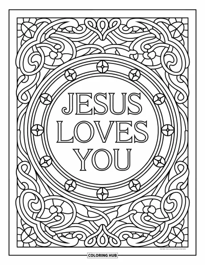 Dibujo de "Jesús te ama" para colorear para adultos: Un círculo de vitral resplandeciente lleva el mensaje "Jesus Loves You" entre enredaderas en espiral