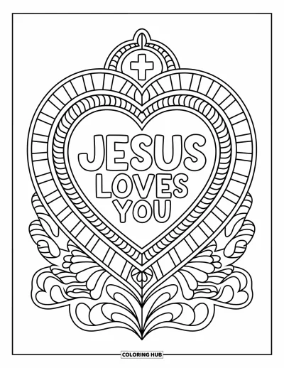 Dibujo de "Jesús te ama" para colorear para adultos: Un sagrado corazón brilla con palomas, una cruz y "Jesus Loves You" en el centro
