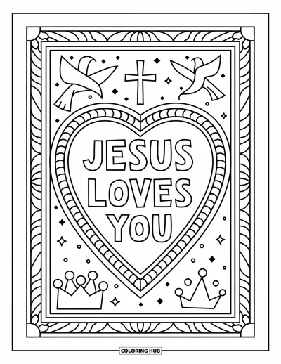 Dibujo de "Jesús te ama" para colorear para adultos: Un sagrado corazón con halo, paloma y corona que lleva un sentido mensaje en letras destacadas