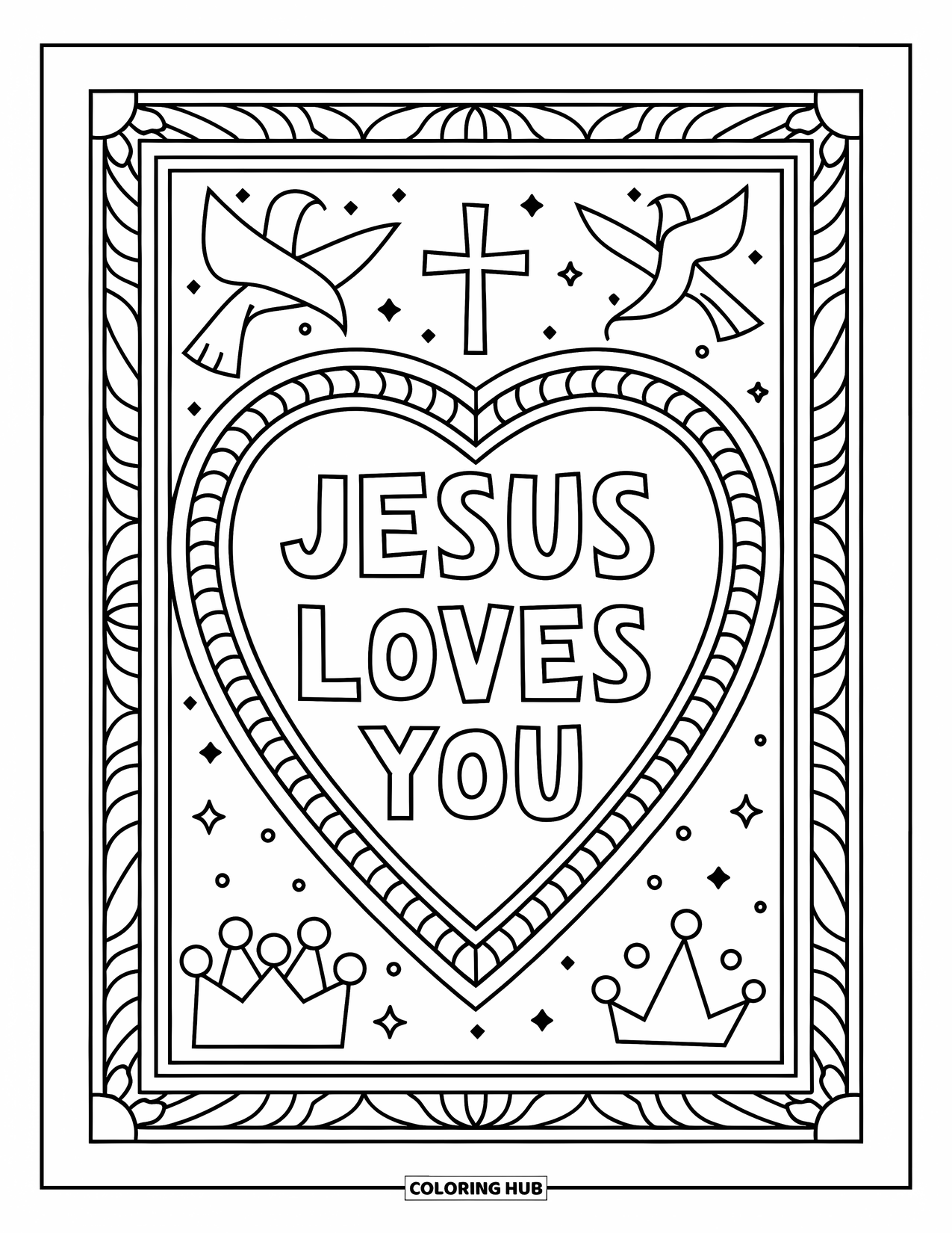 Jesus Loves You Coloring Page for Adults: A sacred heart with a halo, dove, and crown shares a heartfelt message in bold letters