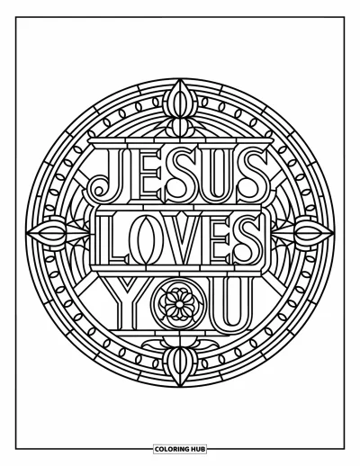 Dibujo de "Jesús te ama" para colorear para adultos: Un ornamentado círculo de cristal rodea las palabras "Jesus Loves You" con patrones serenos