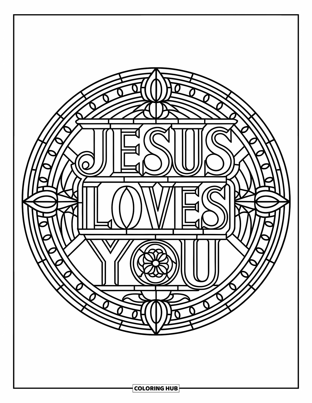 Jesus Loves You Coloring Page for Adults: An ornate glass circle surrounds the words "Jesus Loves You" with peaceful patterns