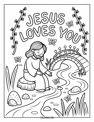 Dibujo de "Jesús te ama" para colorear para adultos: Junto a un arroyo tranquilo, Jesús descansa cerca de piedras y un puente que comparte Su amor