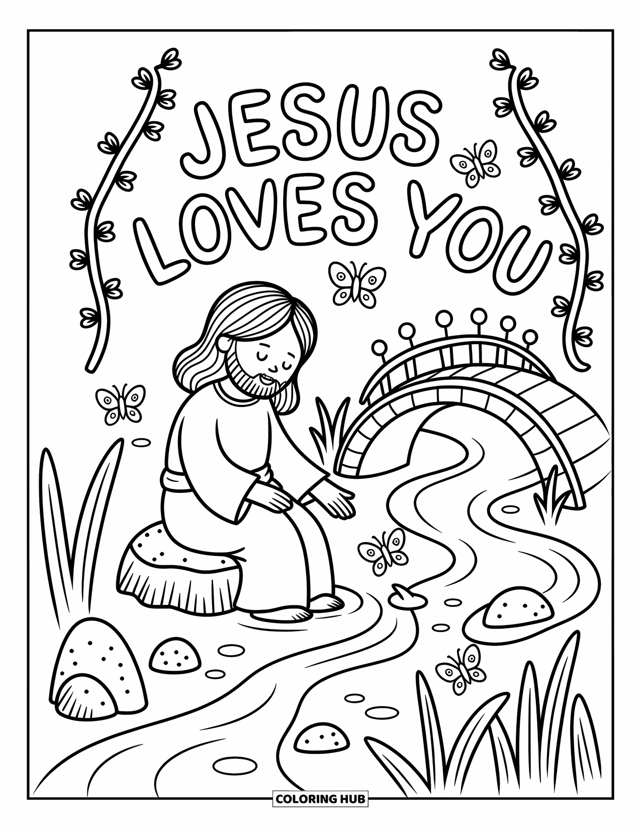 Jesus Loves You Coloring Page for Adults: By a quiet stream, Jesus rests beside stones and a bridge that shares His love