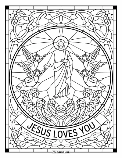 Dibujo de "Jesús te ama" para colorear para adultos: Jesús y ángeles en un radiante panel de vitral lleno de flores y amor