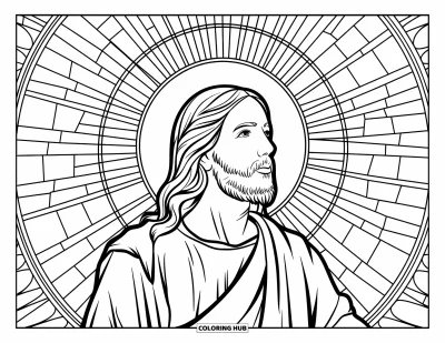 Dibujo de "Jesús te ama" para colorear para adultos: Jesús con la mirada hacia arriba, enmarcado por un vitral de rayos de sol y motivos ondulantes