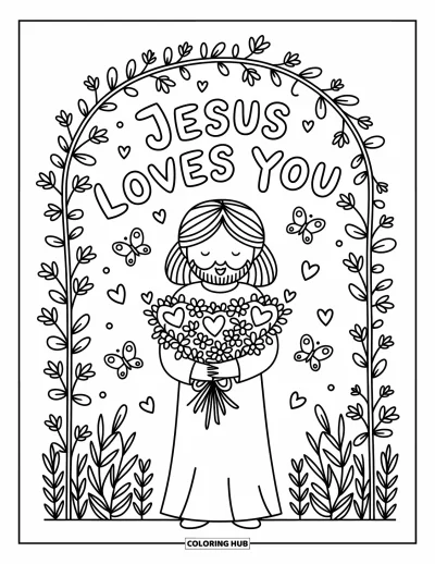 Dibujo de "Jesús te ama" para colorear para adultos: Jesús sostiene un gran ramo de flores con forma de corazón bajo un arco de enredaderas