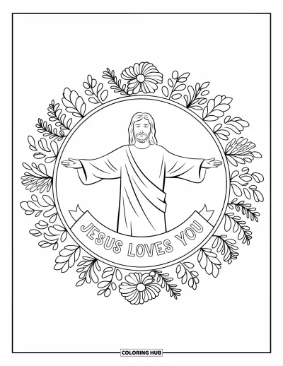 Dibujo de "Jesús te ama" para colorear para adultos: Jesús rodeado de una mandala floral con el mensaje "Jesus Loves You" debajo de Él