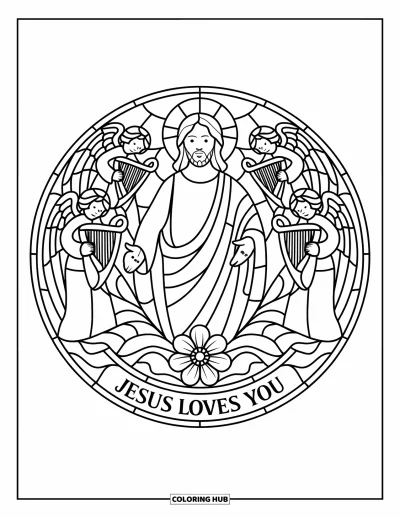 Dibujo de "Jesús te ama" para colorear para adultos: Jesús rodeado de ángeles en un luminoso círculo de vitral con un dulce mensaje abajo