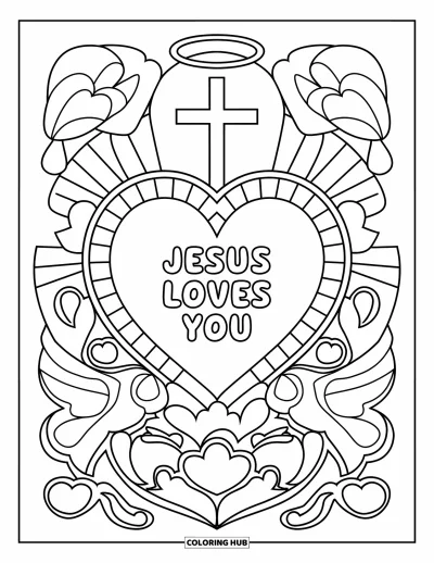 Dibujo de "Jesús te ama" para colorear para adultos: "Jesus Loves You" dentro de un sagrado corazón resplandeciente con símbolos cristianos llenos de paz