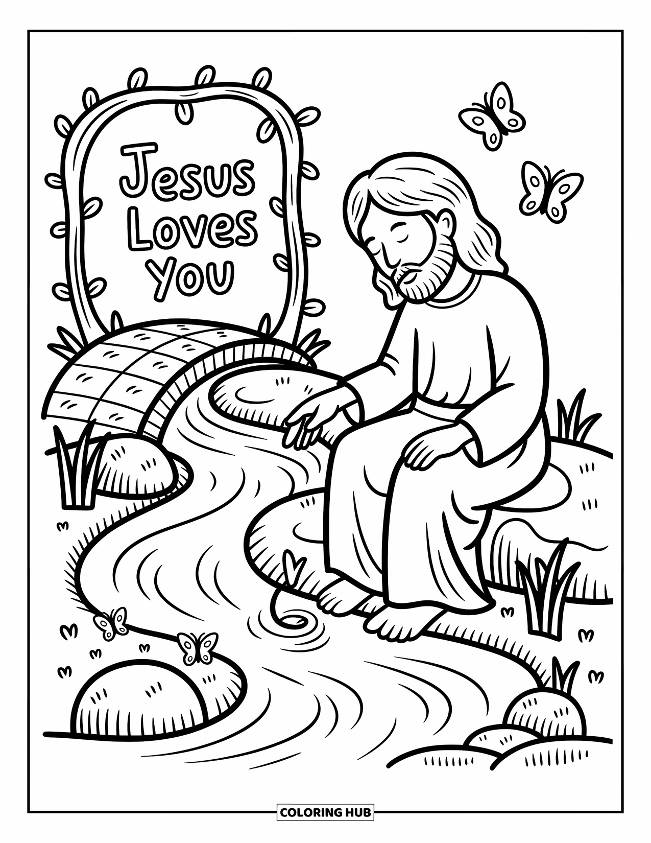 Jesus Loves You Coloring Page for Adults: Jesus sits by a stream, touching the water as butterflies flutter nearby